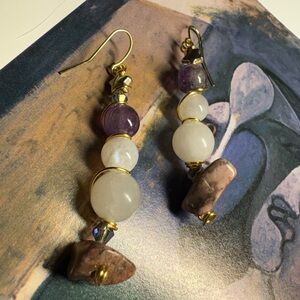 Handmade Gold Plated Earring with amethyst, rose quartz, and rhodonite beads.